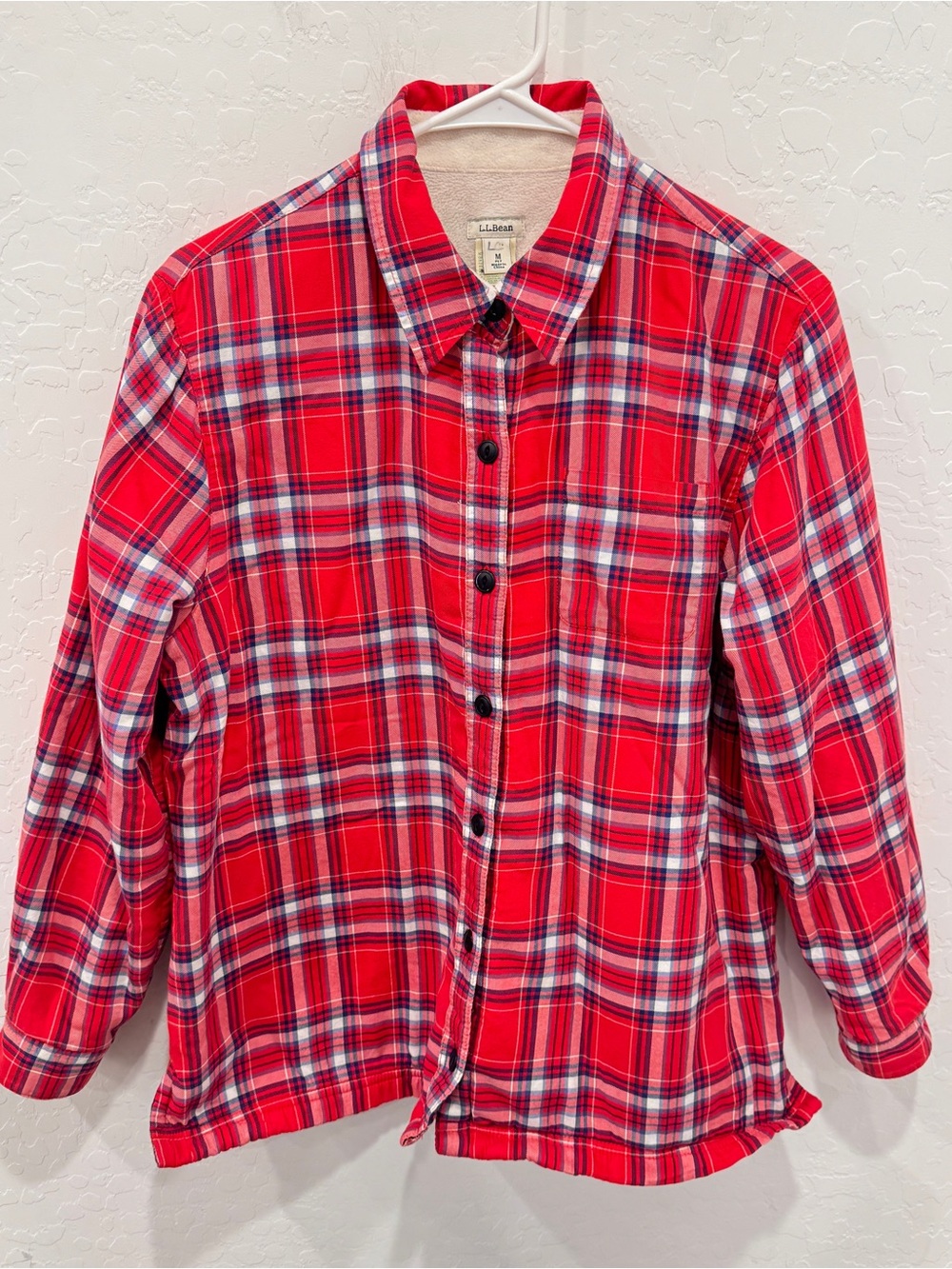 L.L. Bean Red Plaid Flannel Shacket Womens PM Petite Medium Fleece Lined